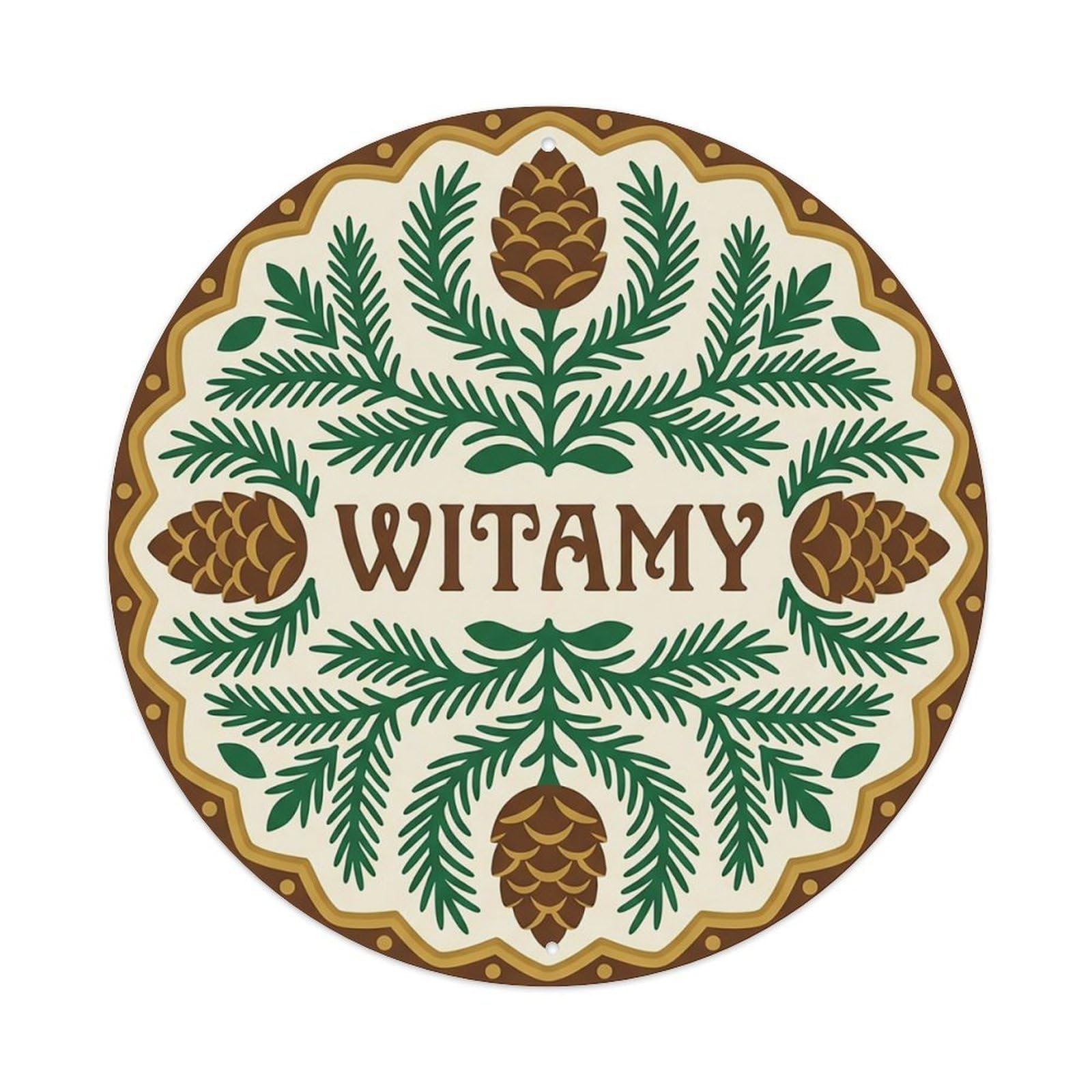 Vintage Polish Folk Art Witamy Welcome Pinecone Forest Metal Tin Sign