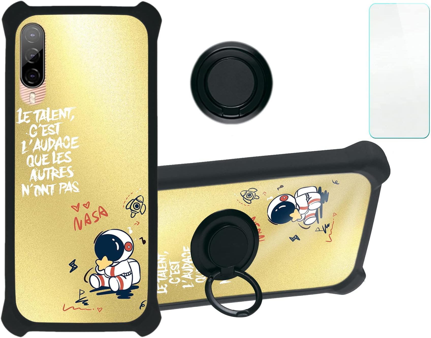 Case for HTC Desire 22 Pro 5g Case Compatible with HTC Desire 22 Pro 5g Phone Case Cover [with Tempered Glass Screen Protector][PC + TPU 2 in 1][Ring Support] [Golden Reflect Light] DJH-YHY