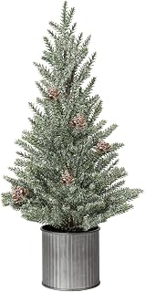 Mini Christmas Tree Snow Frosted Artificial Xmas Cone Tree with Pine Cones in Galvanized Tin, 18 Inches