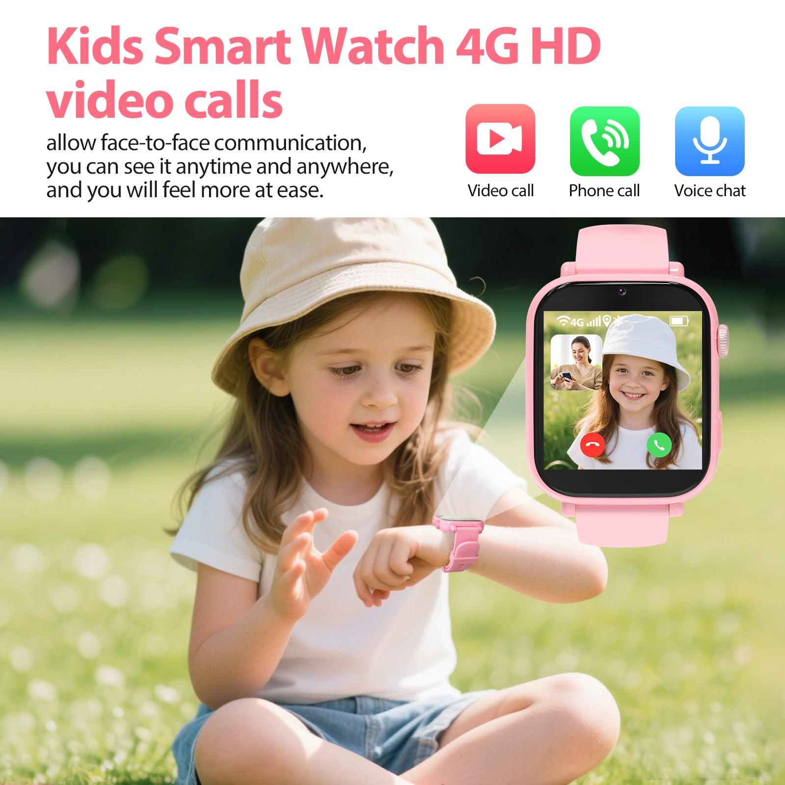 PTHTECHUS Smartwatch per Bambini, 4G Orologio GPS Bambini, Videochiamata e Telefono, WIFI/GPS/LBS Contapassi Ricevi SMS SOS Calcolatrice Timer Sveglia, Regali per Bambini Dai 4 Anni in Su, Rosascuro