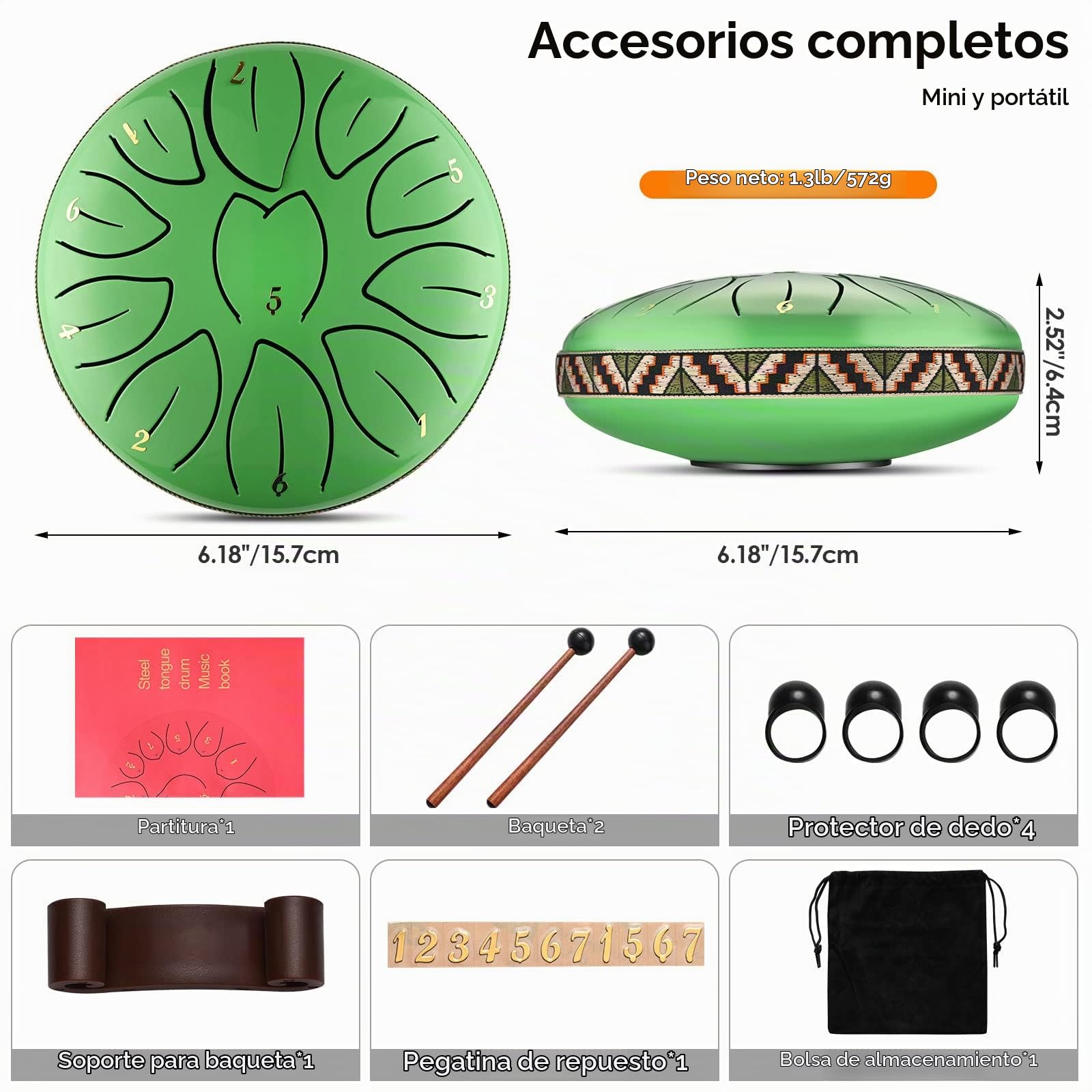 Tambor de Lengüeta de Acero de 6 Pulgadas y 11 Tonos Tambores de Hendidura Instrumento de Percusión Handpan Tongue Drum con Bolsa de Viaje, par de mazos,púas de Dedo