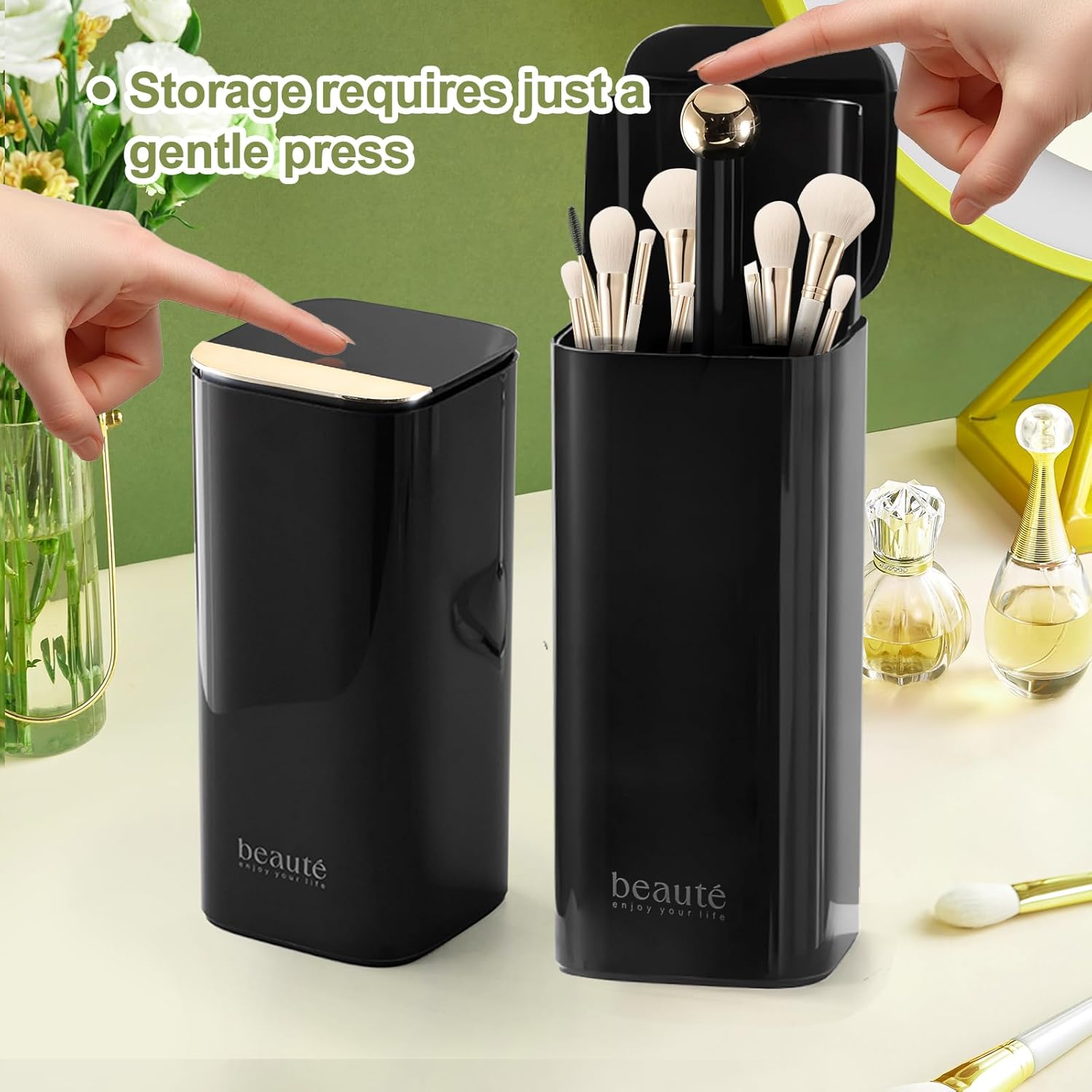 DASITON Makeup Brush Holder with Lid,4 Slots Makeup Brush Organizer,Automatic Lifting Makeup Cosmetics Organizer,for Vanity Decor,Bathroom Countertop,Dustproof Cosmetic Brushes Container(Gold-Black) - Image 2