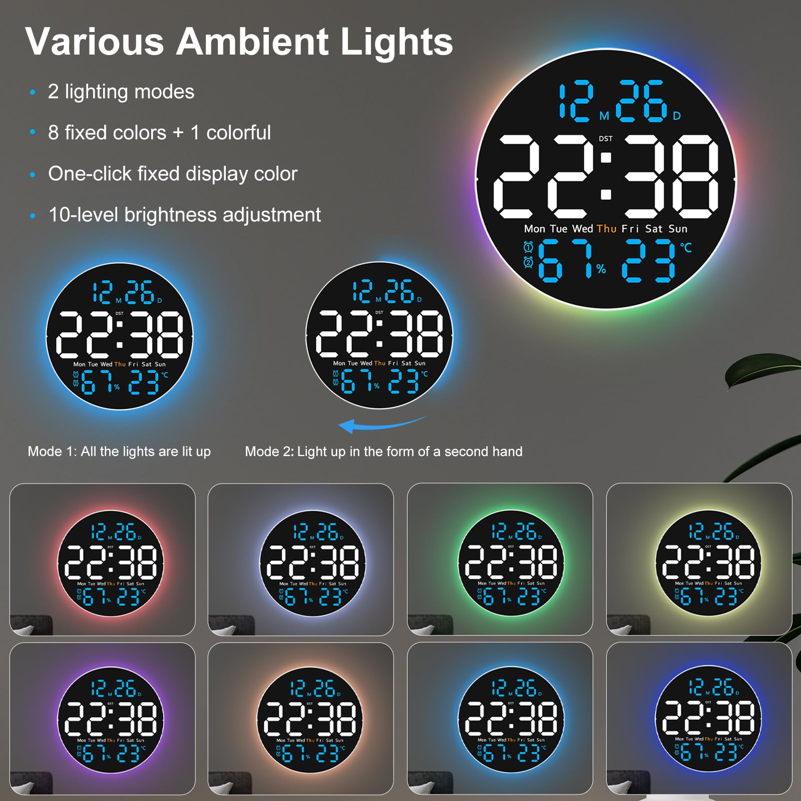 JoFomp Grande horloge murale numérique de 25,4 cm avec télécommande, écran LED, réveil numérique enfichable, luminosité automatique, DST, température, humidité, applicable à la salle de classe