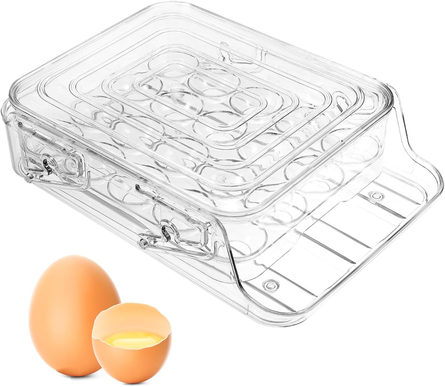 Luxshiny Transparent Double Layer Egg Container with Auto Rolling Dispenser Stackable Fridge Organizer for Eggs and Food Storage Pet Design for Easy Viewing and Cleaning