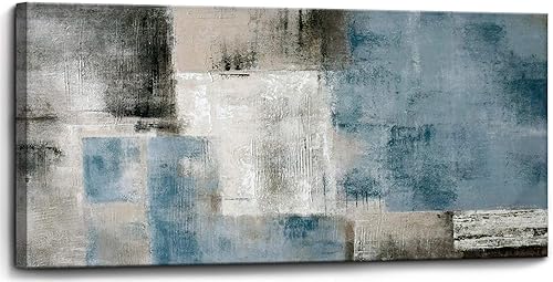 Blue Abstract Wall Art Decor Hand Painted Oil Painting on Canvas Framed 20 inches x 40 inches Large Colorful Modern Artwork Wall Art for Living Room