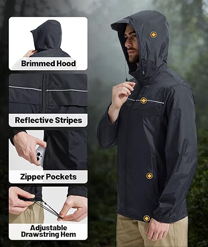 Miniatura 7 de SWISSWELL Chaqueta de lluvia para hombre impermeable, rompevientos, plegable, ligera, con capucha para golf, ciclismo, senderismo