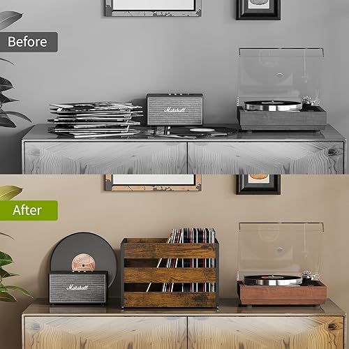 Miniatura 7 de YINMIT Almacenamiento de discos de vinilo, caja grande de almacenamiento de discos de vinilo LP, soporte para discos de metal y madera, caja