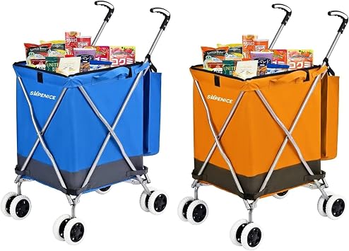 Folding Grocery Shopping Cart Rolling Utility Cart with 360 Double Front Swivel Wheels Waterproof Removable Canvas Bag with Cover for Laundry Grocery, Shopping, Baggage, PicnicBlue+Orange