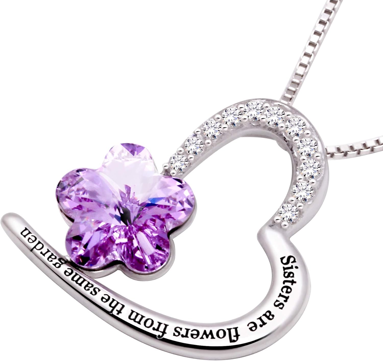 ALOV Jewelry Sterling Silver "Sisters are flowers from the same garden" Love Heart Crystal Cubic Zirconia Pendant Necklace