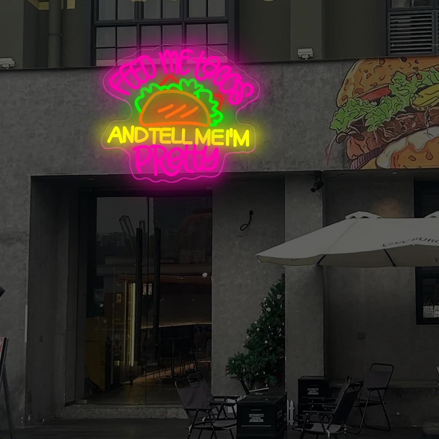 Feed Me Tacos And Tell Me I'm Pretty Neon Sign, Tacos Neon Sign Custom Mexican Restaurant Decor Taco Party Fast Food LED Light Coffee Decor, 15.7"x13.8"