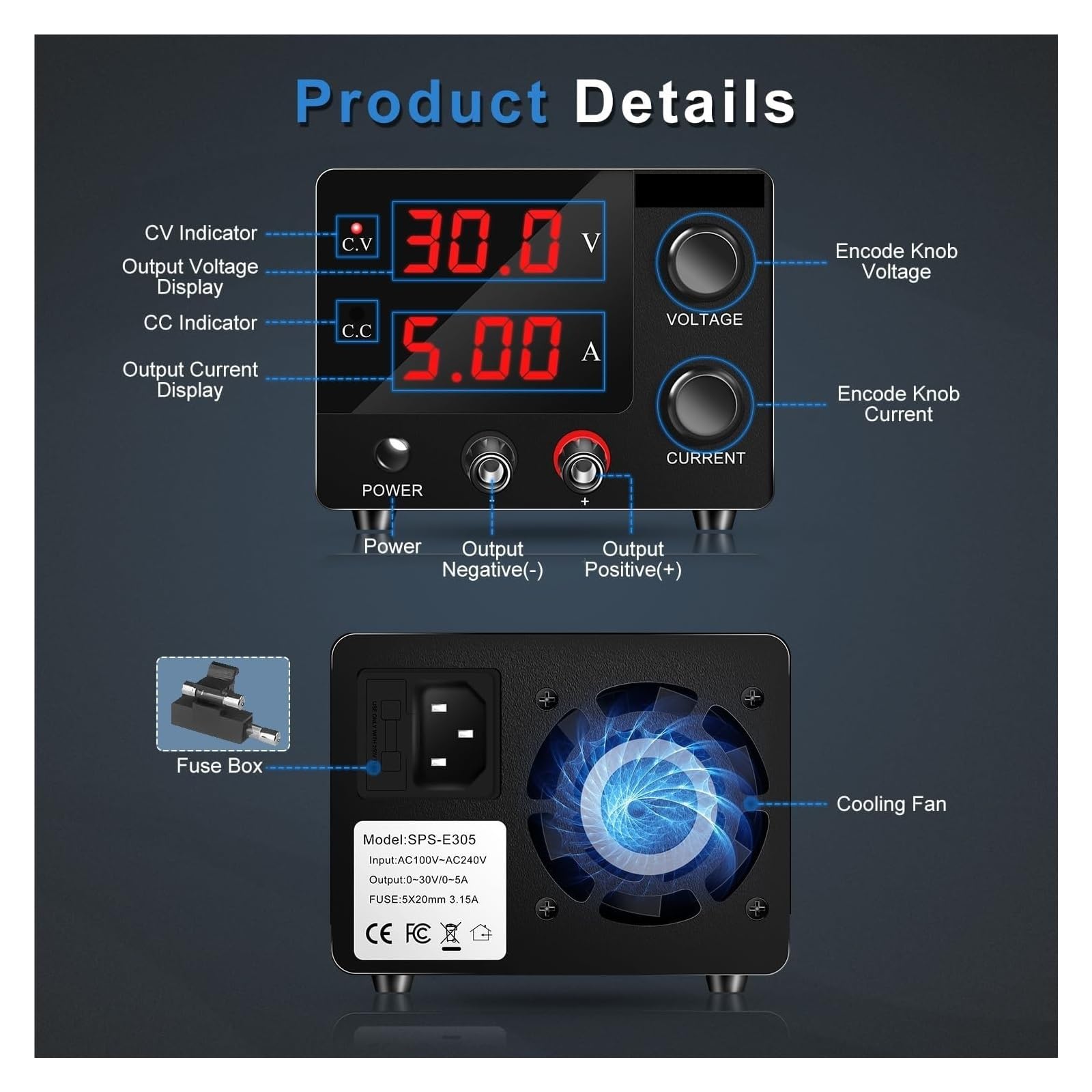 Fuente de alimentación de Laboratorio DC Variable 0-30V 0-5A Ajustable, Fuente de alimentación conmutada regulada, regulador de Voltaje para Banco de Trabajo de Mantenimiento (15V 10A)
