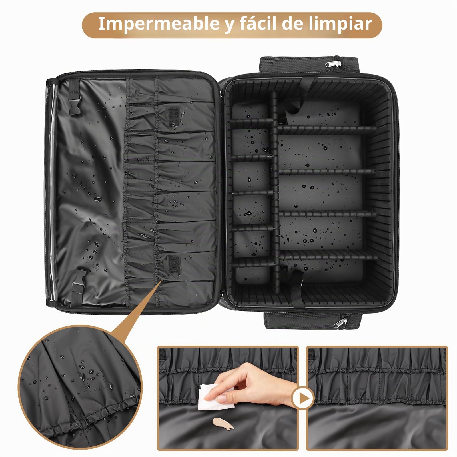 Maletín de cosméticos con ruedas, estuche profesional con divisor ajustable, maletín de maquillaje grande multifunción para técnico de uñas, peluquero, color negro, Negro , Maletín de cosméticos