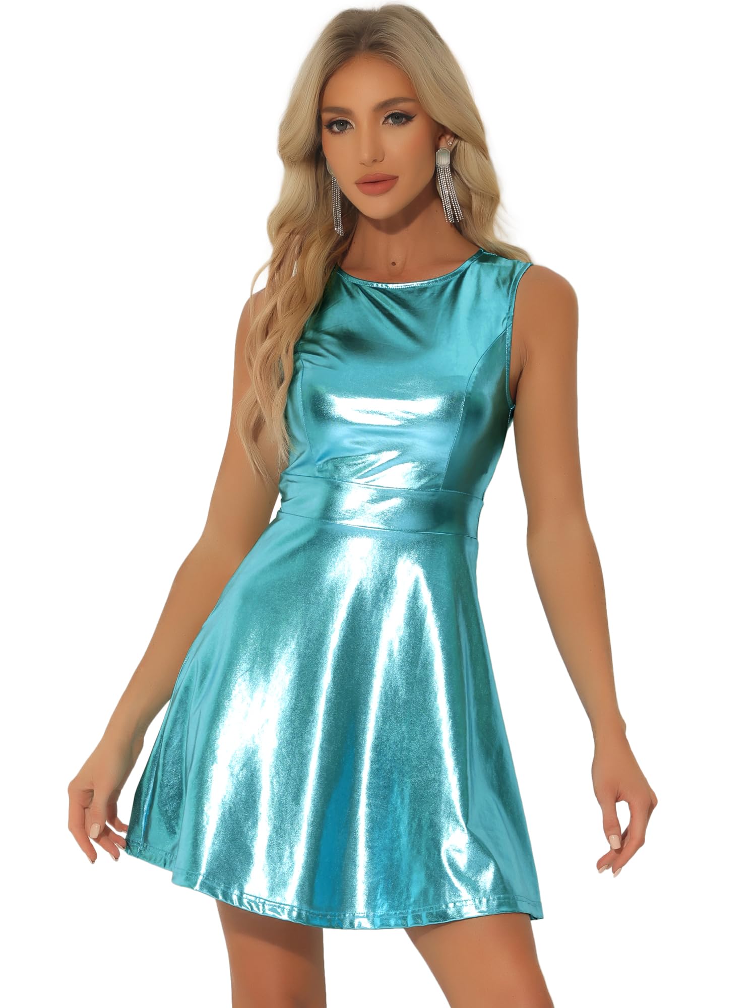 Vestido holográfico sin mangas con brillo metálico Allegra K de diseño acampanado 6