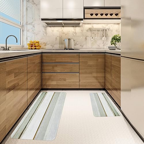 Miniatura 9 de RYANZA Juego de 2 alfombras de cocina abstractas antifatiga antideslizantes acolchadas rayas naranjas y rosas pintura artística cómoda para