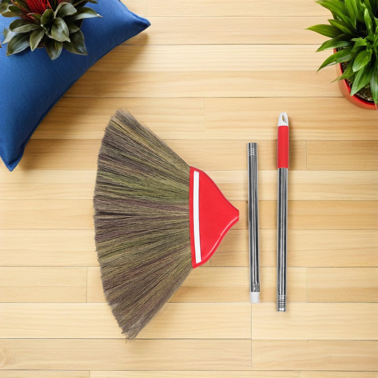 VANZACK Escoba de Mano Tejida a Mano de Césped Natural, 106 Cm Mango Doble Rojo, Escoba para Interiores y Exteriores, Adecuado para Limpieza de Cocina, Patio y Suelos de Madera