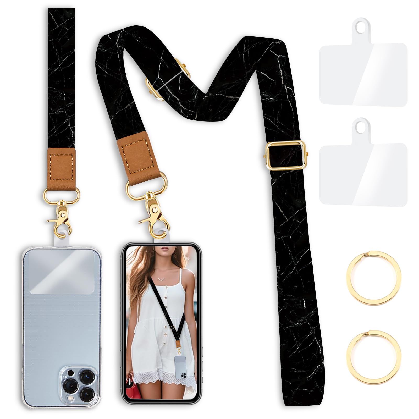 Yonlevres Phone Lanyard Crossbody Wrist Strap, Black Marble Adjustable Cell Phone Lanyard Wristlet Strap with 2 Tether Tabs for Women ID Badges