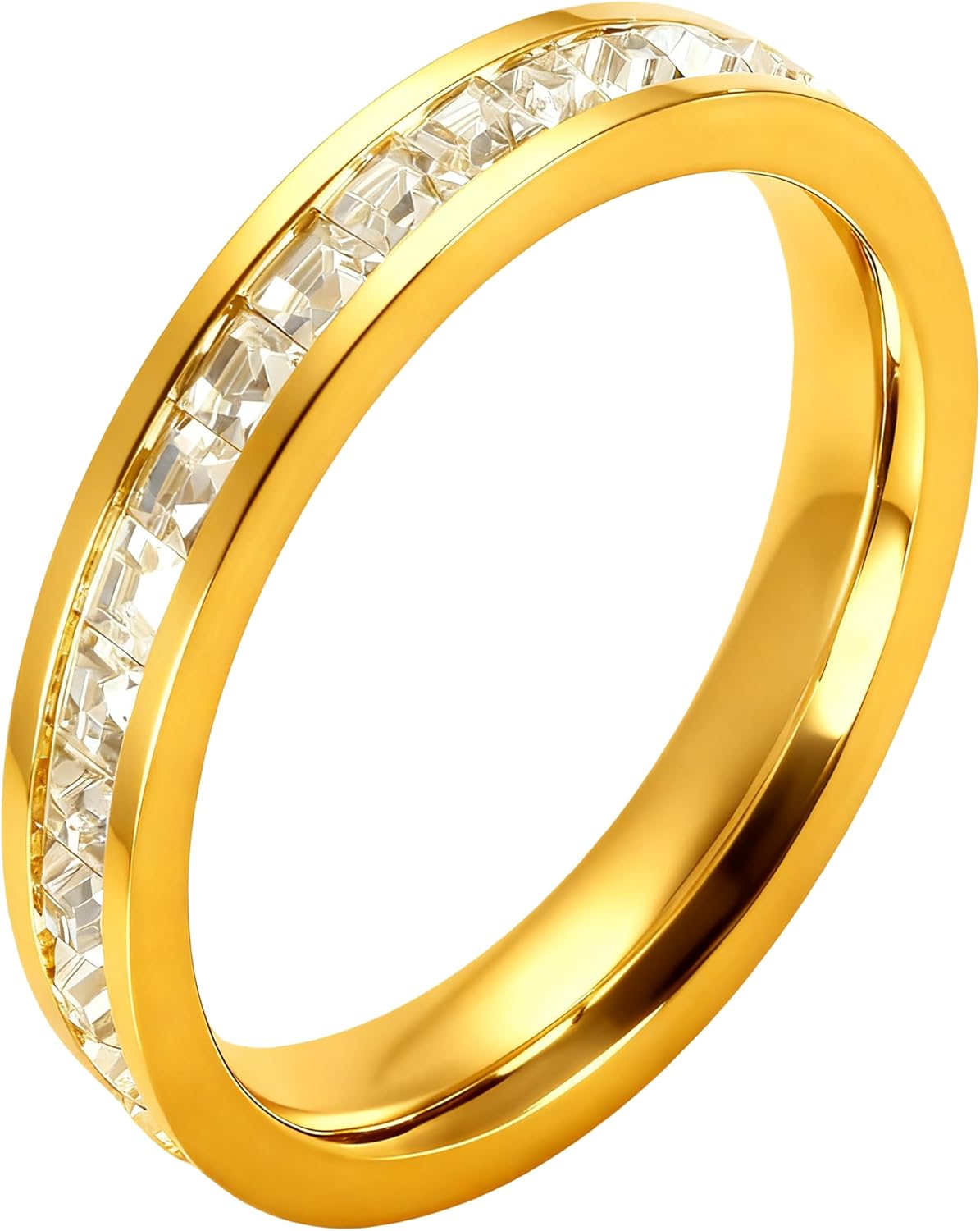 Neshat 4mm Full Eternity Band Rings for Women Men, Stainless Steel/Gold Plated Cz Band Rings, Channel Set Princess Cut Cubic Zirconia Wedding Band Anniversary Ring Size 5-9