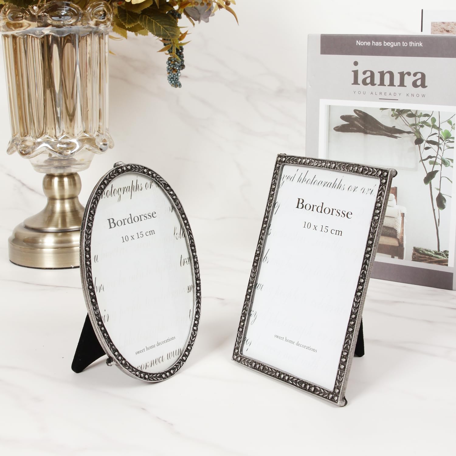2 Pack Vintage Picture Frame, Display 4 x 6 inch Picture, Oval & Rectangle Decorative Antique Photo Frame for Tabletop, Home Décor
