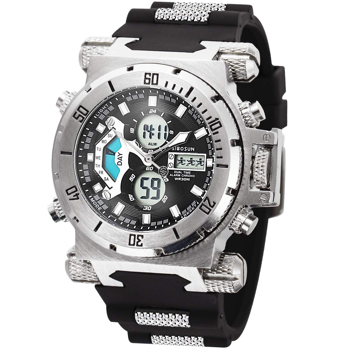 SIBOSUN Mens Sports Watches, Multifunctional Military Watch, Stopwatch Waterproof Big Face LED Digital Wrist Watch, 2 Silver, Digital (B07S49HK4M) Amazon Price History, Amazon Price Tracker