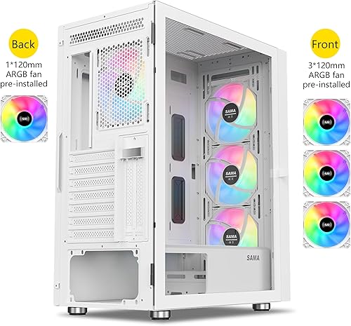 Miniatura 2 de SAMA 3509 ATX Mid Tower - Carcasa de computadora de malla de acero de vidrio templado frontal con puerta abierta, 4 ventiladores ARGB preinstalados