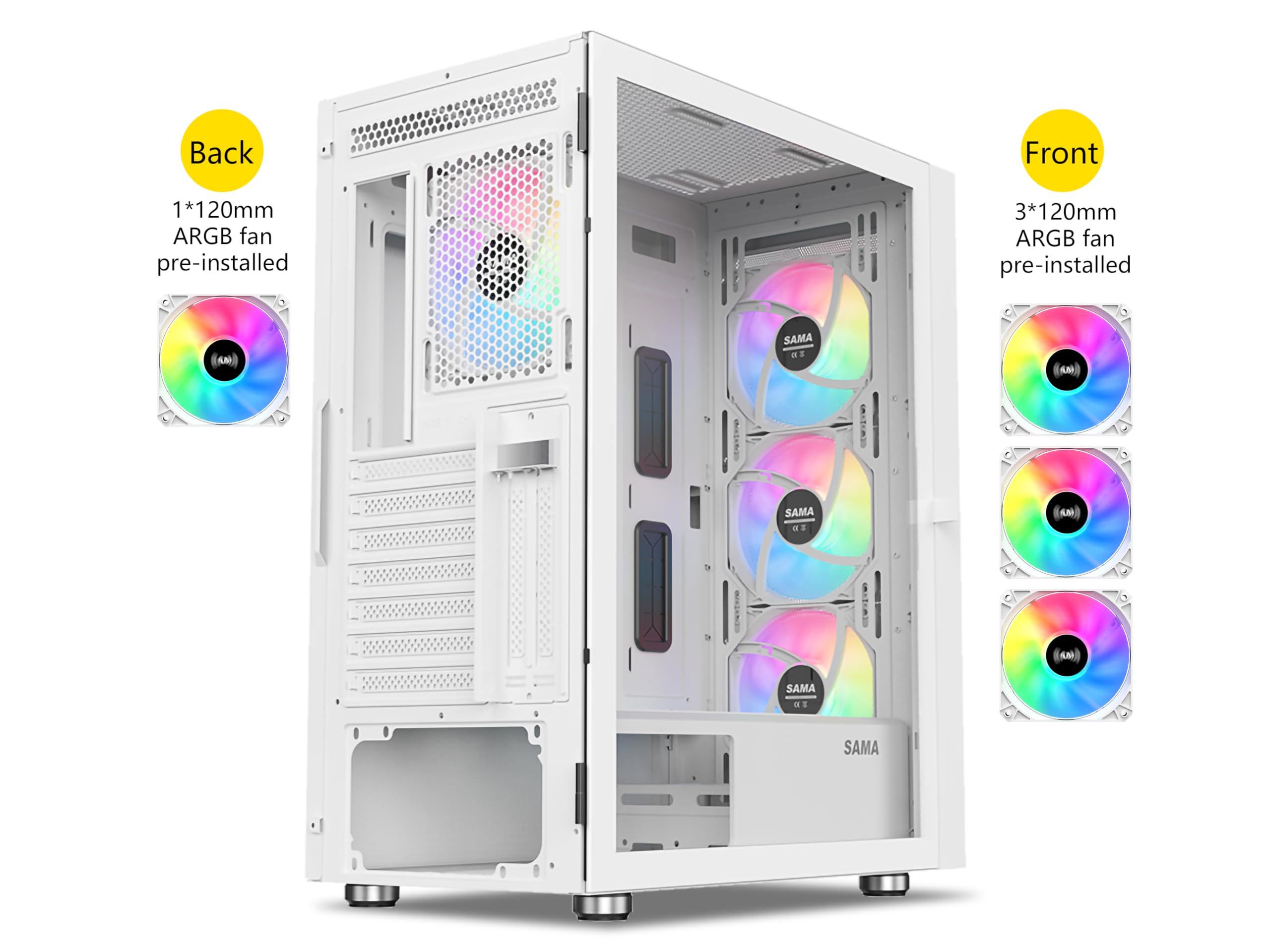 SAMA 3509 ATX Mid Tower Caja de computadora de malla de acero frontal de vidrio templado con puerta abierta 4 ventiladores ARGB preinstalados USB3.0X2 360mm AIO Soporte en la parte delantera Blanco