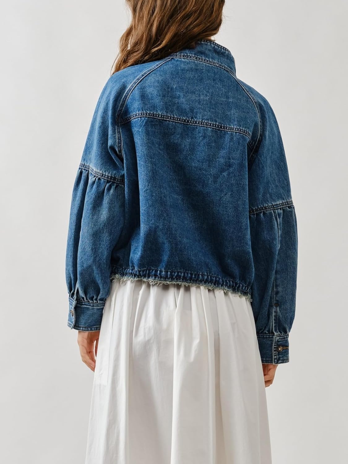 Womens Denim Bomber Jacket Ballon Sleeve Twill Coat Drawstring Waist Outerwear with Pockets