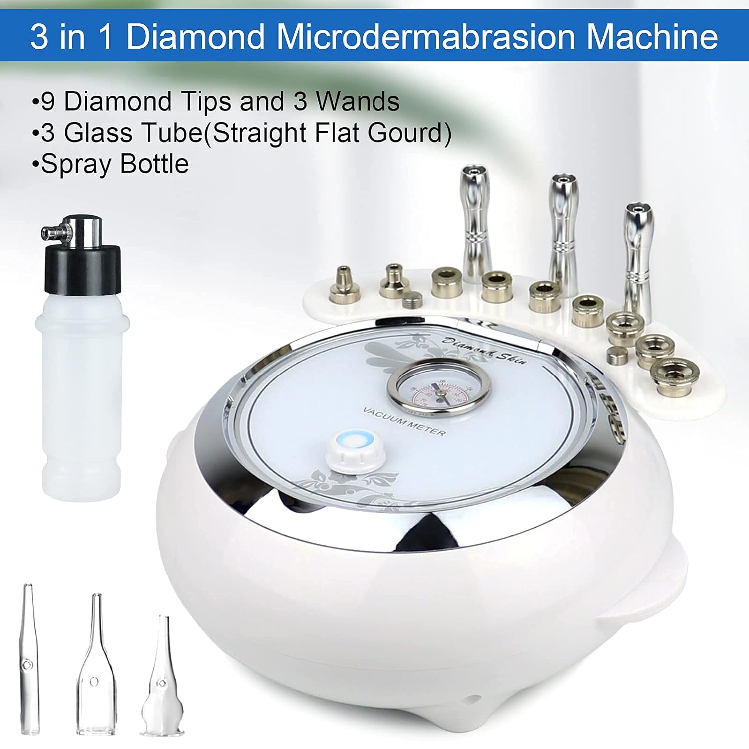 3 in 1 Diamond Microdermabrasion Machine with Replaceable 9 Diamond Head and Spray Bottles, Home Use Facial Skin Care Salon Equipment for Blackhead Removal, Skin Moisturizing(Suction Power:65-68cmhg) : Beauty & Personal Care