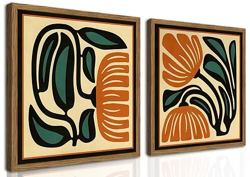 Mid Century Floral Wall Art Set of 2, Modern Square