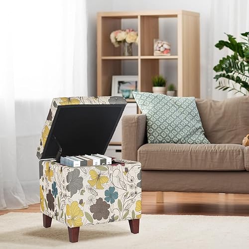 Miniatura 33 de Homebeez Taburete otomano de almacenamiento con reposapiés otomano con tapa con bisagras/patas de madera (flor 2) Flor-2,Beige,Con