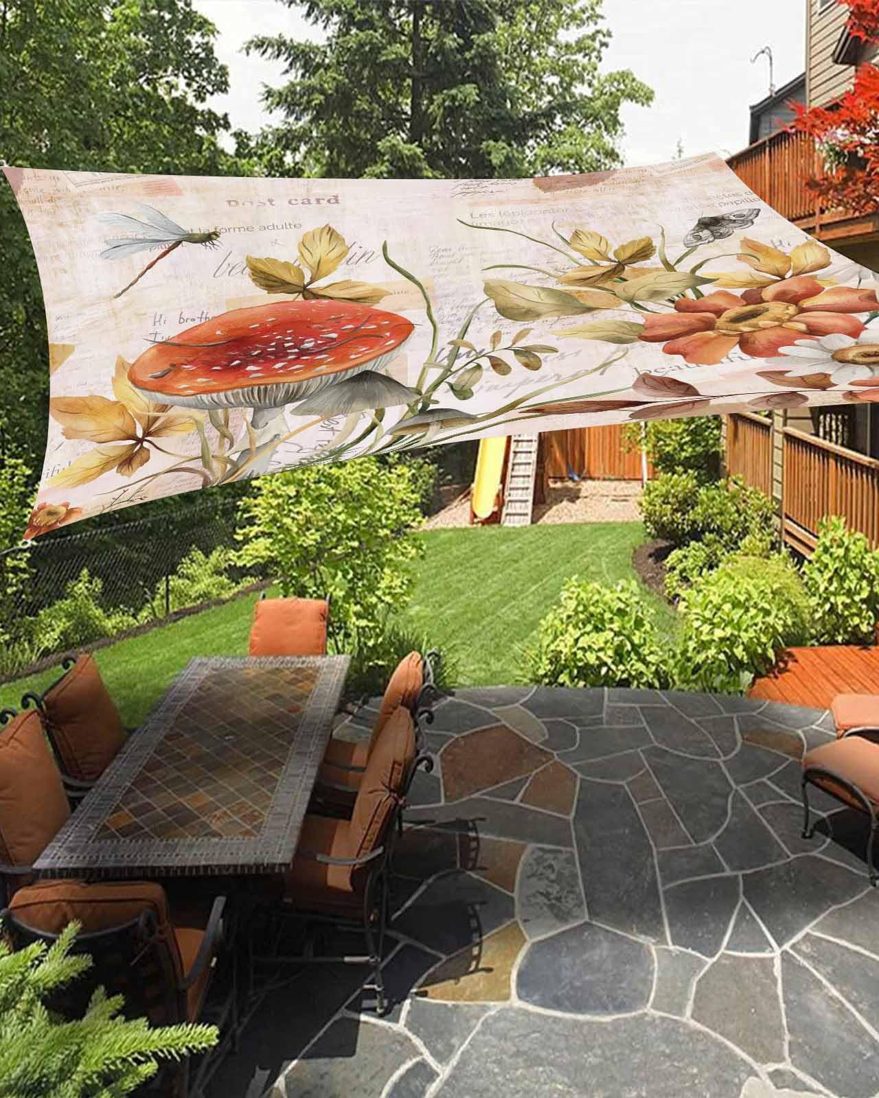 Boanket Sun Shade Sail 6.5' x 10', Fall Botanical UV Block Sun Sails Shades, Vintage Orange Autumn Mushroom Maple Leaf Shade Cloth for Patio Deck Terrace Garden Lawns Beach Backyard