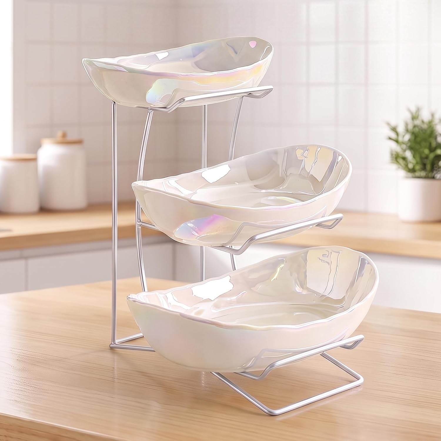 3 Tier Ceramic Fruit Basket for Kitchen Counter with Metal Stand