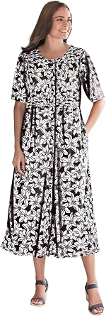Woman Within Plus Size Short-Sleeve Button-Front Pocket Dress Petite Available - 7X, Black Blossom