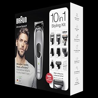 Braun 10-in-1 All-in-One Trimmer Series 7, Male Grooming Kit with Beard Trimmer, Hair Clippers, Nose Trimmer, Gillette Razor, Foil Shaver & Body Groomer, Gifts for Men, UK 2 Pin Plug, MGK7221