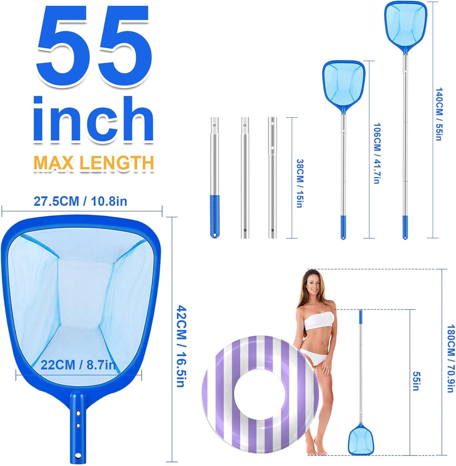 Rastrillos para Piscinas, Profesional Red Recogehojas para Superficie de Piscina, Red Piscina con Poste Telescópico,Piscina Net Leaf Skimmer Recogehojas para Piscinas para Piscina,Estanque,Fuente,SPA