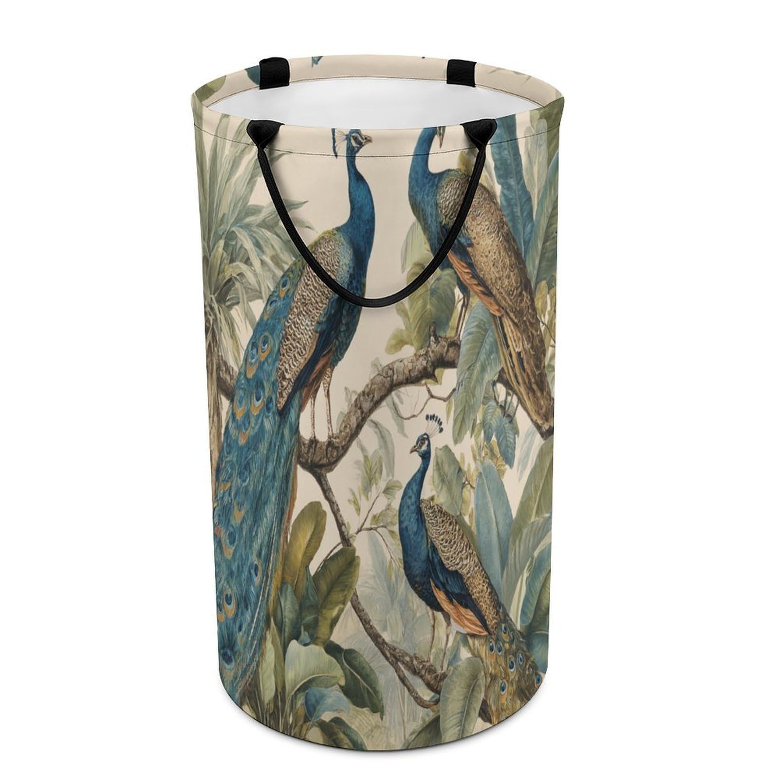LUYYSKY Antique Realistic Birds Peacocks Versatile Storage Laundry Basket, Oil Painting Aesthetic Botanical Branch Animals Peacocks Pattern Large Capacity Bathroom Hamper With Handle