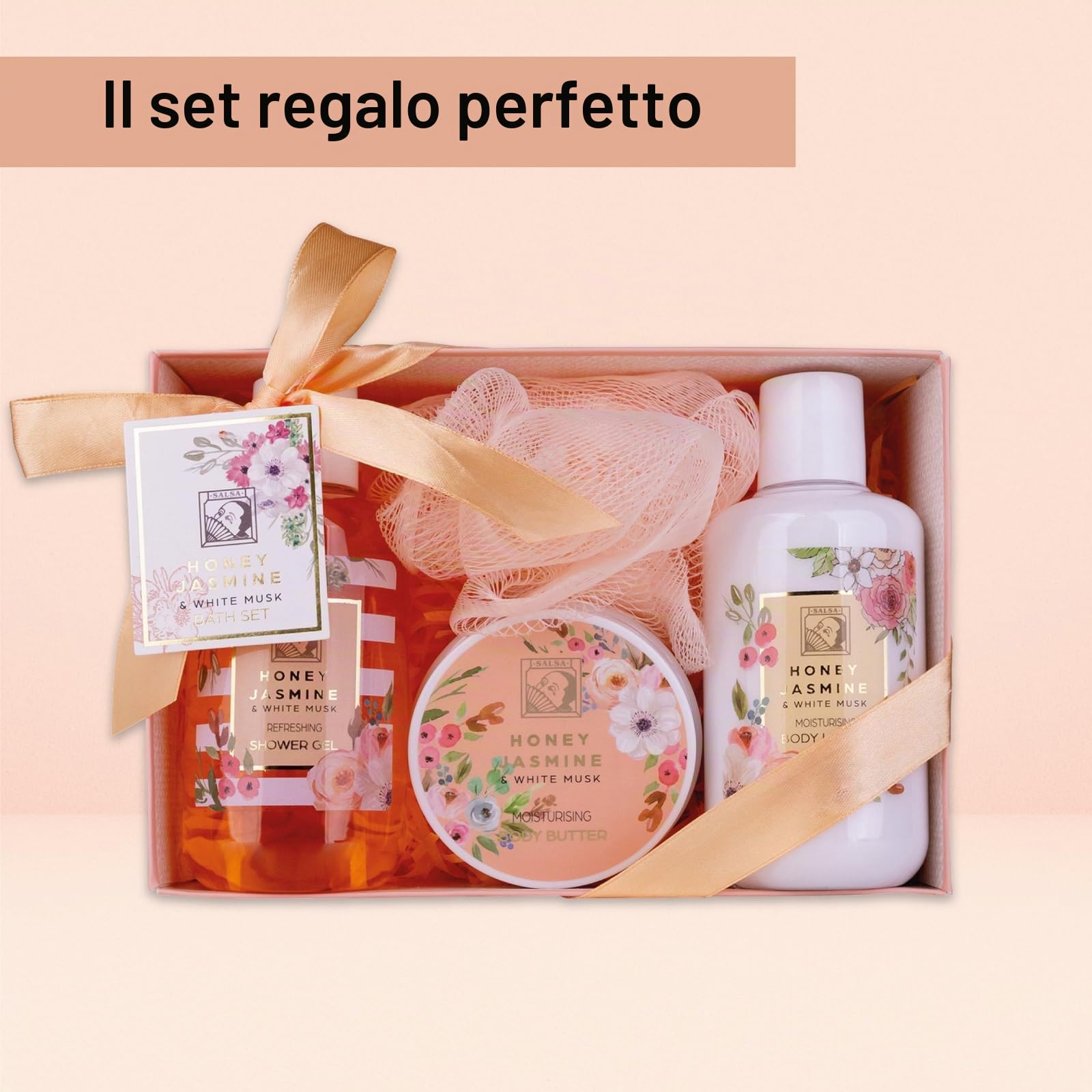 Accentra Set doccia da donna Honey Jasmine in bella confezione regalo – Set di 4 pezzi con gel doccia, lozione per il corpo, burro per il corpo e spugna a rete – Set regalo per San Valentino e festa