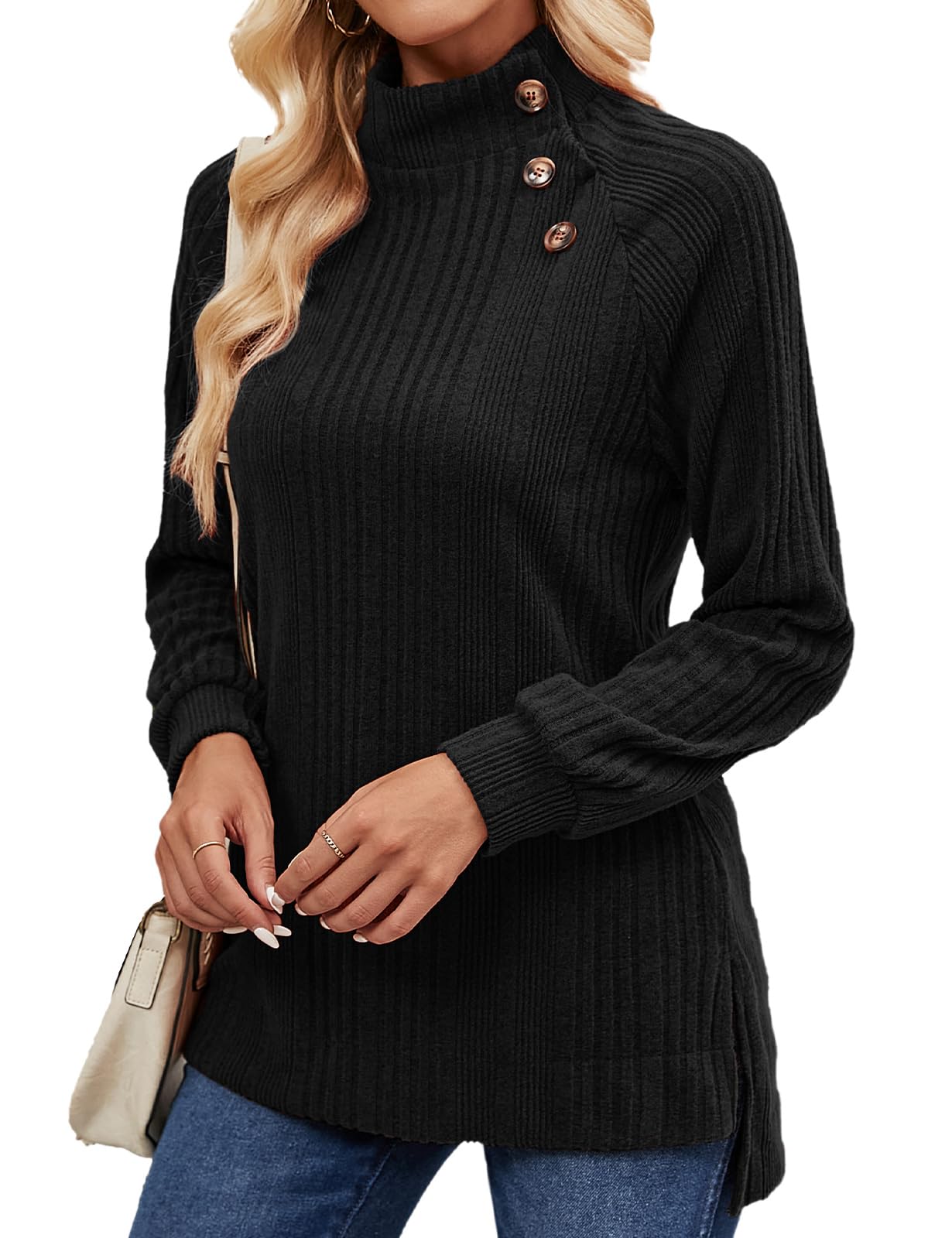 LURANEE Womens Long Sleeve Tunic Tops Turtle Neck Sweater Light High Low Side Split Sweatshirt