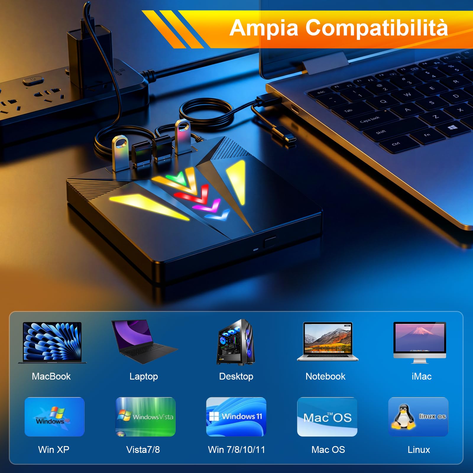 Lettore CD DVD Esterno per PC Portatile, Masterizzatore DVD Esterno USB 3.0 | -/+RW/ROM Drive con 4 Porte USB Portatile Velocità 5 Gbps per Laptop, Desktop, Windows 11/10/8/7/XP/Vista, Linux, MacOS