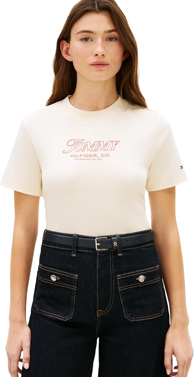 Tommy Hilfiger Camiseta de manga corta con cuello redondo y gráfico inclinado para mujer