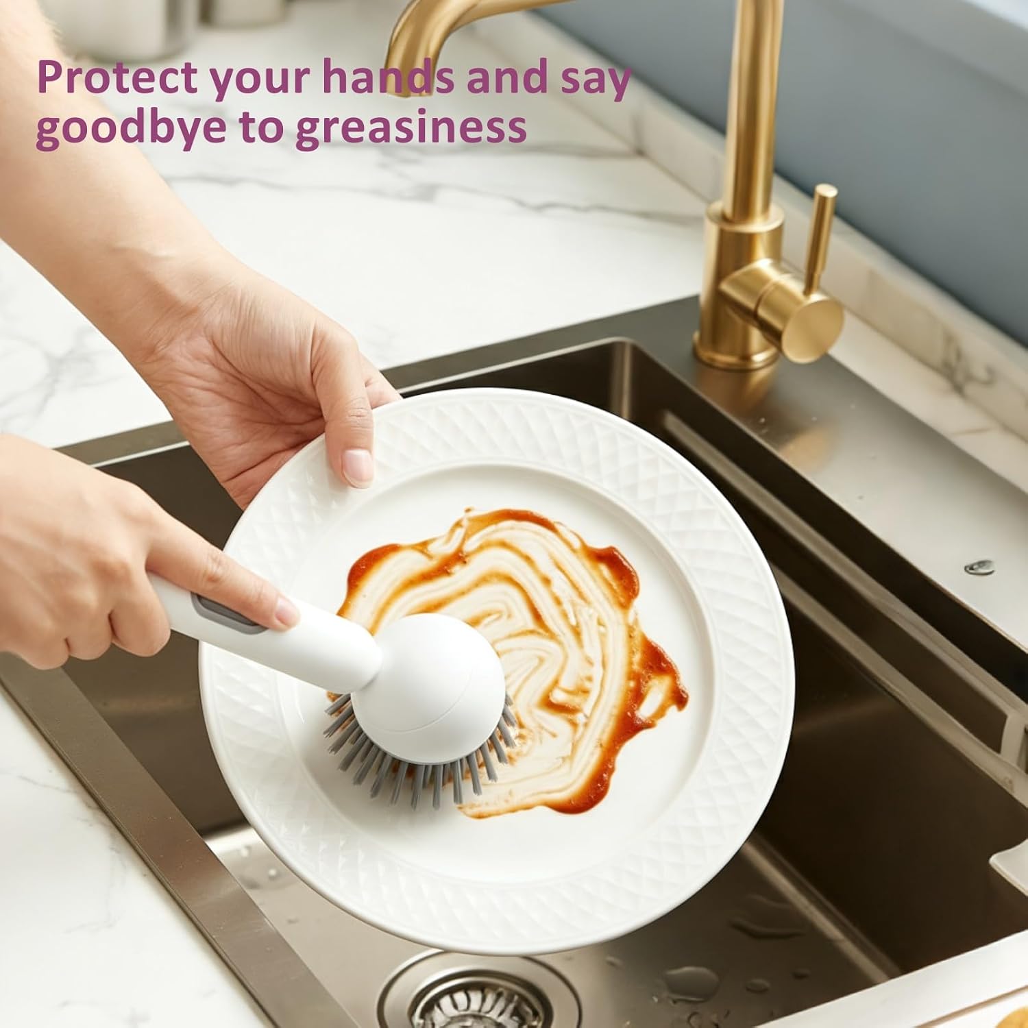QMUNLLO 360° Rotating Dish Brush with Soap Dispenser, Non-Slip Long Handle Kitchen Scrubber Cleaning Set with Towel and Wall Hook, Ideal for Sink, Pans, Pots Cleaning(White)