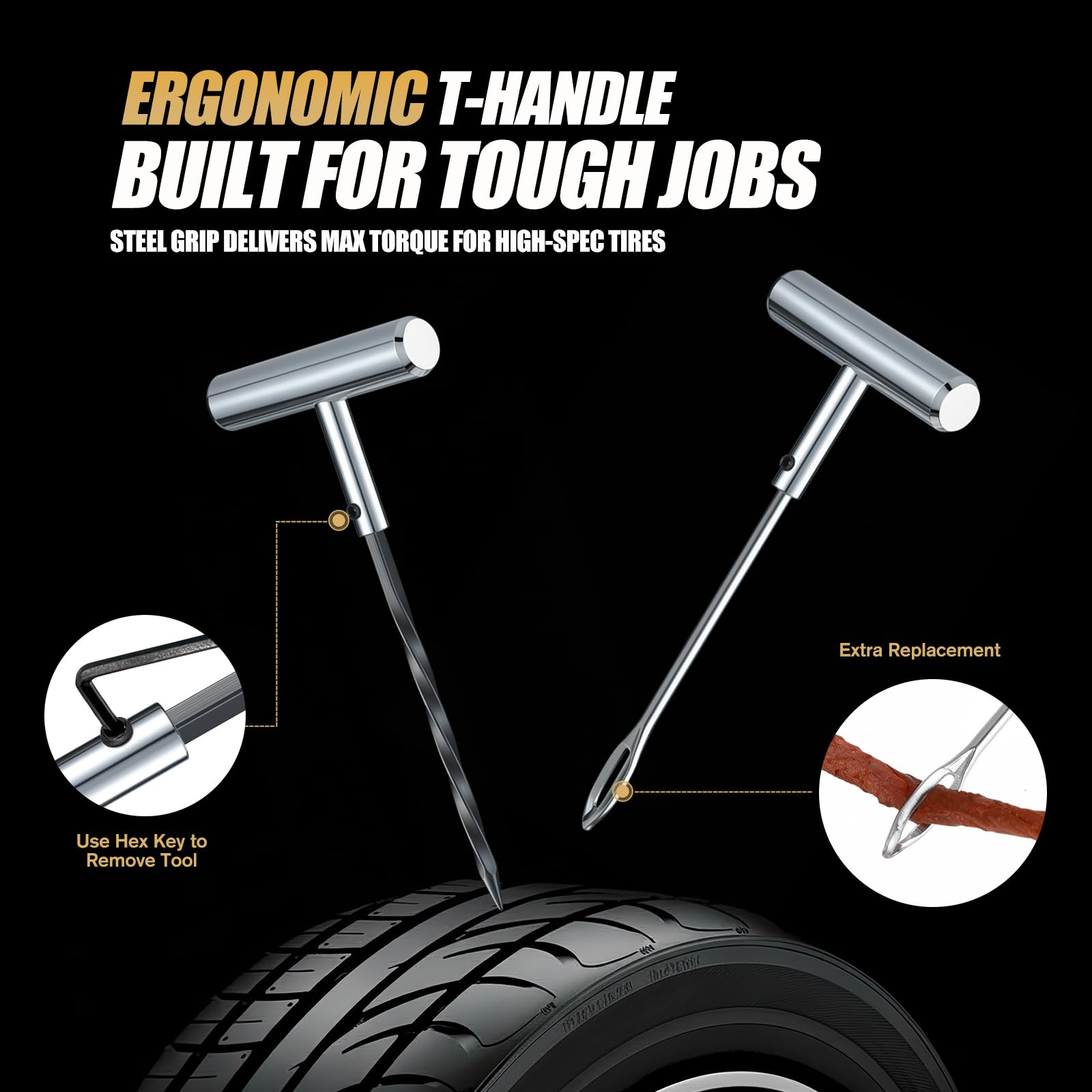 Kit de tapones para neumáticos, kit de reparación de neumáticos de alta resistencia con 2 herramientas de inserción de mango en T de metal resistente para coche, camión, motocicleta, ATV