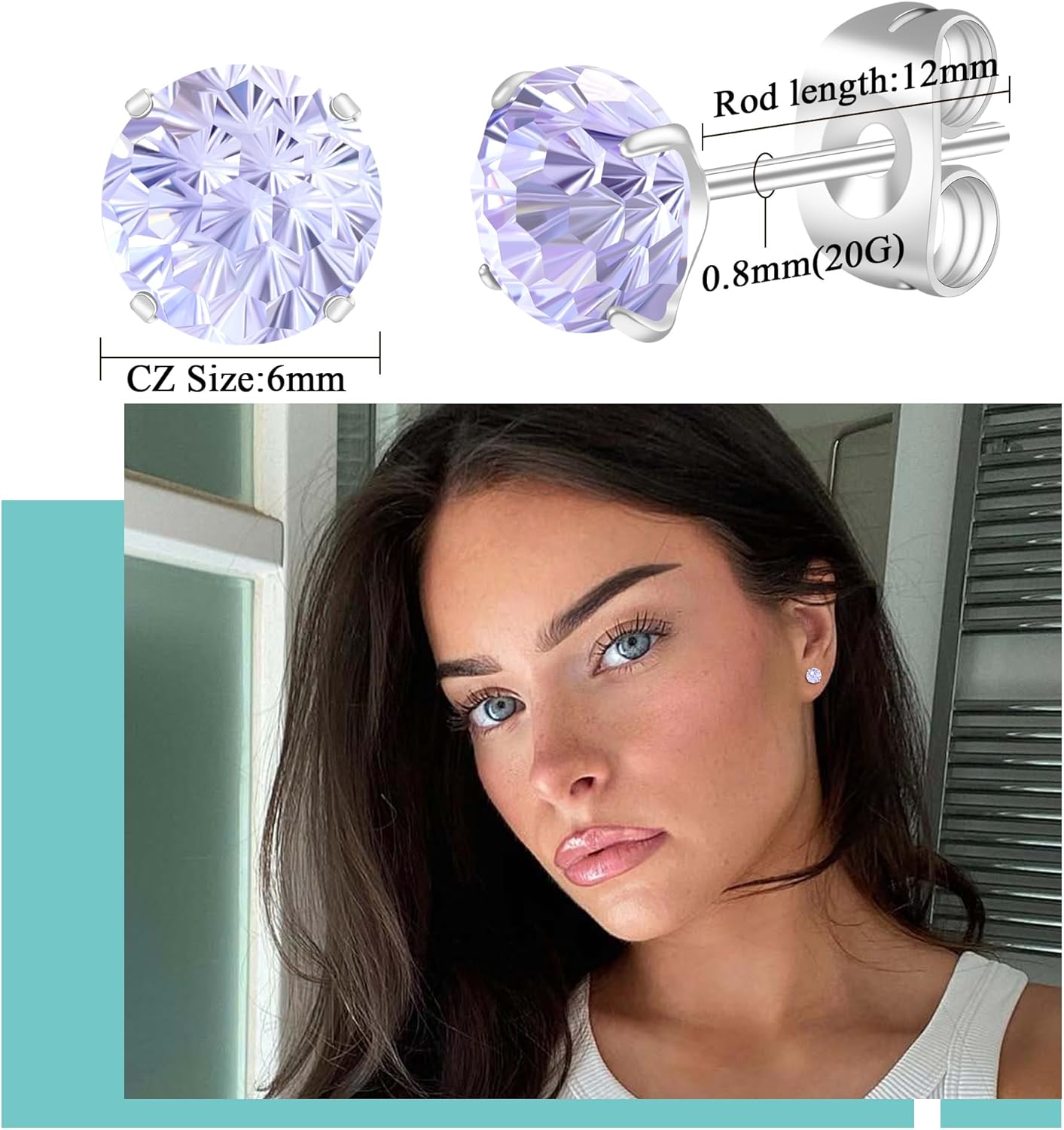 BLISI Hypoallergenic Implant Grade Titanium Silver Stud Earrings - F136/G23 Titanium 6mm Brilliant Cut Cubic Zirconia (CZ) Sparkling Fireworks Design, Sensitive Ears Safe Jewelry for Women & Men - Image 4