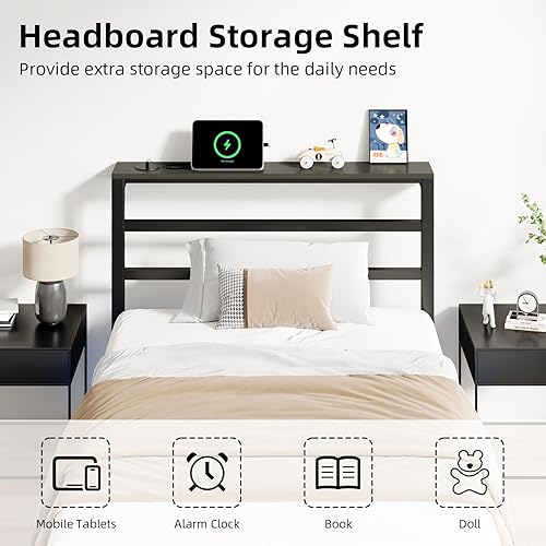 Miniatura 4 de Marco de cama individual para niños, marco de cama de plataforma de metal tamaño individual con estación de carga y luces LED, estante de