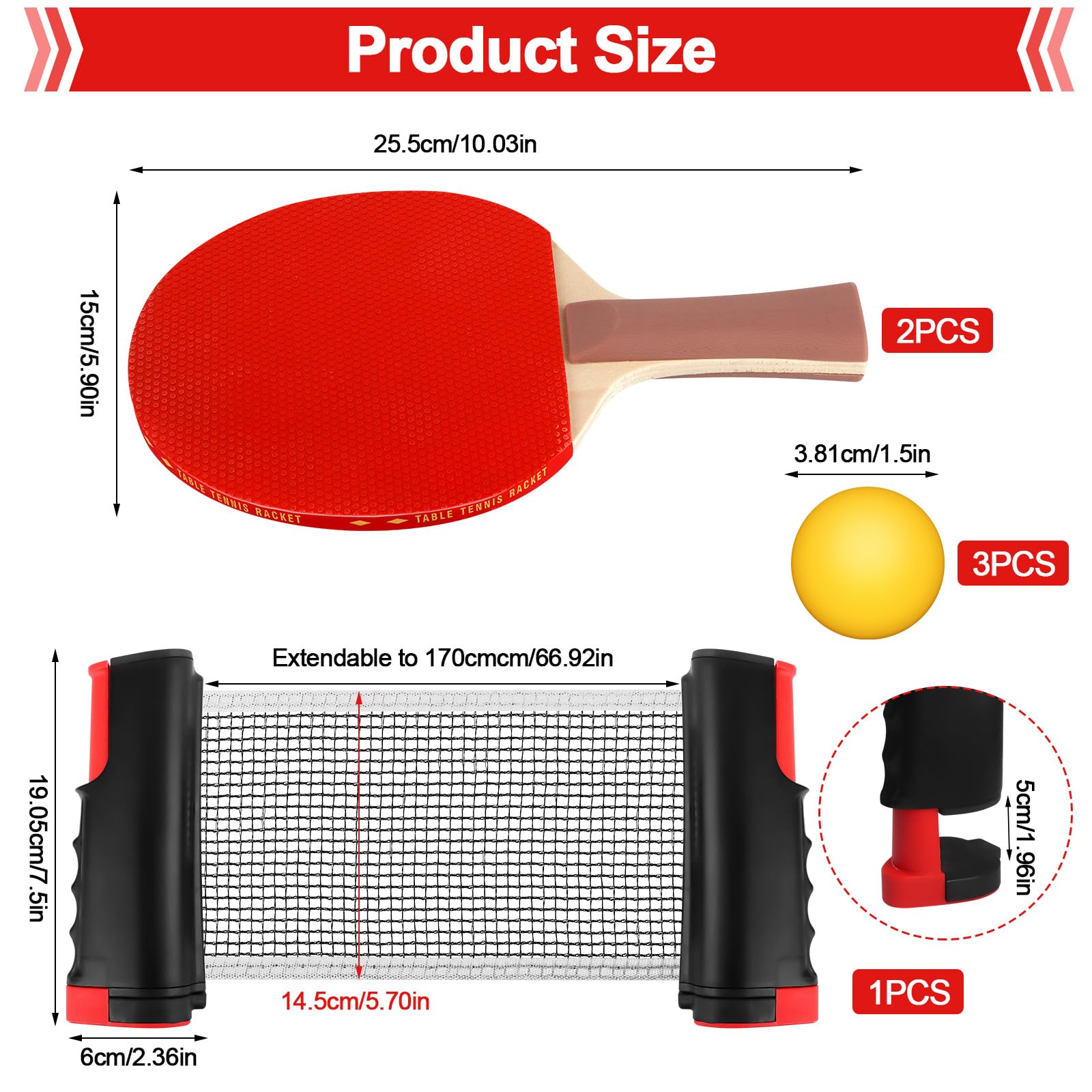 Set di racchette da ping pong professionale, rete da tavolo con rete per bambini, 2 racchette da ping pong + rete retrattile, 3 palline da ping pong, 1 borsa a rete