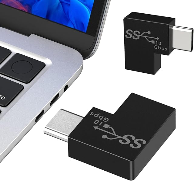 2 Pack USB C 90 Degree Adapter Extension,Right Angle USB C Female to USB C Male Adapter 100W,10Gbps Data Transfer Compatible for macbook,Phone,Laptop,Samsung Galaxy,Watch,Switch (Black)