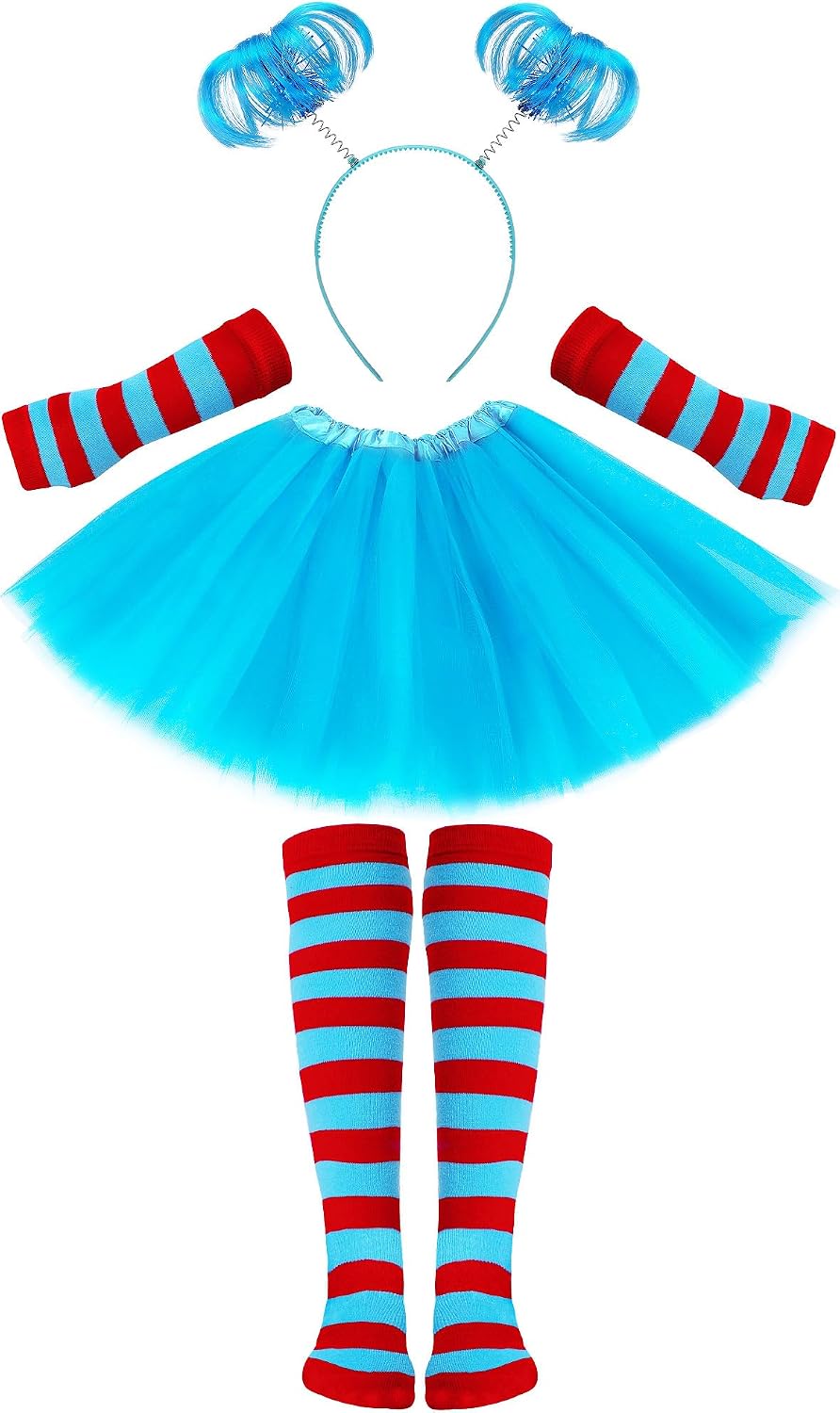 Snwquik 4 Pcs Halloween Costume Accessories for Girls,Blue Tutu Skirt/Ponytail Headband/Striped Socks/Stretchy Gloves Dress UP