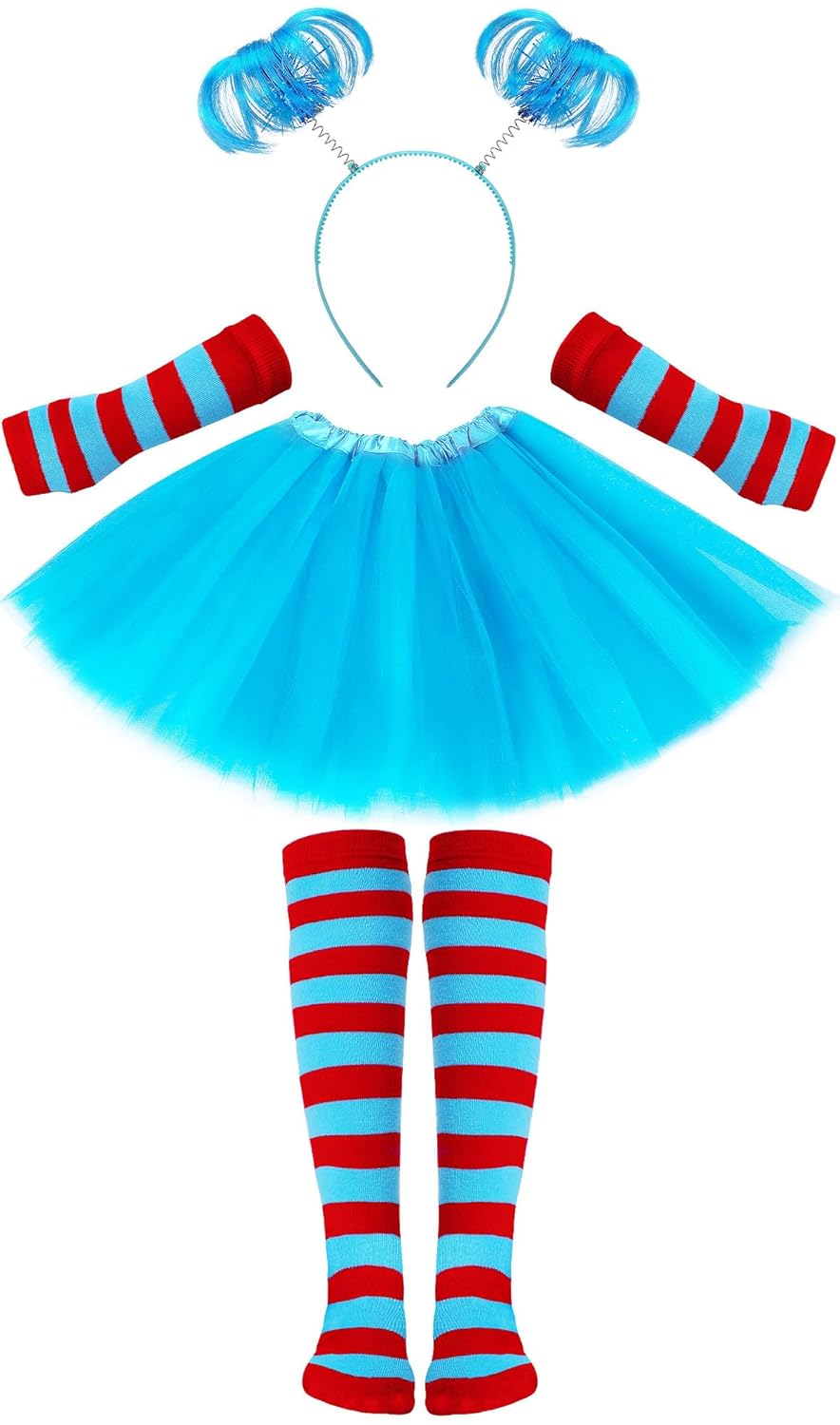 4 Pcs Halloween Costume Accessories for Girls Blue Tutu Skirt Ponytail Headband Striped Socks Stretchy Gloves Dress UP