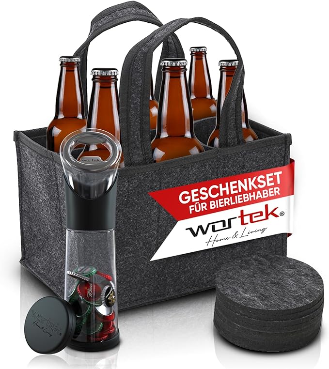 wortek Geschenkset Männer Geschenke – Männerhandtasche Bier Flaschenöffner mit Auffangbehälter Filzuntersetzer 6er Set, Geschenke für Männer Weihnachten Weihnachtsgeschenke für Männer Geschenk Papa
