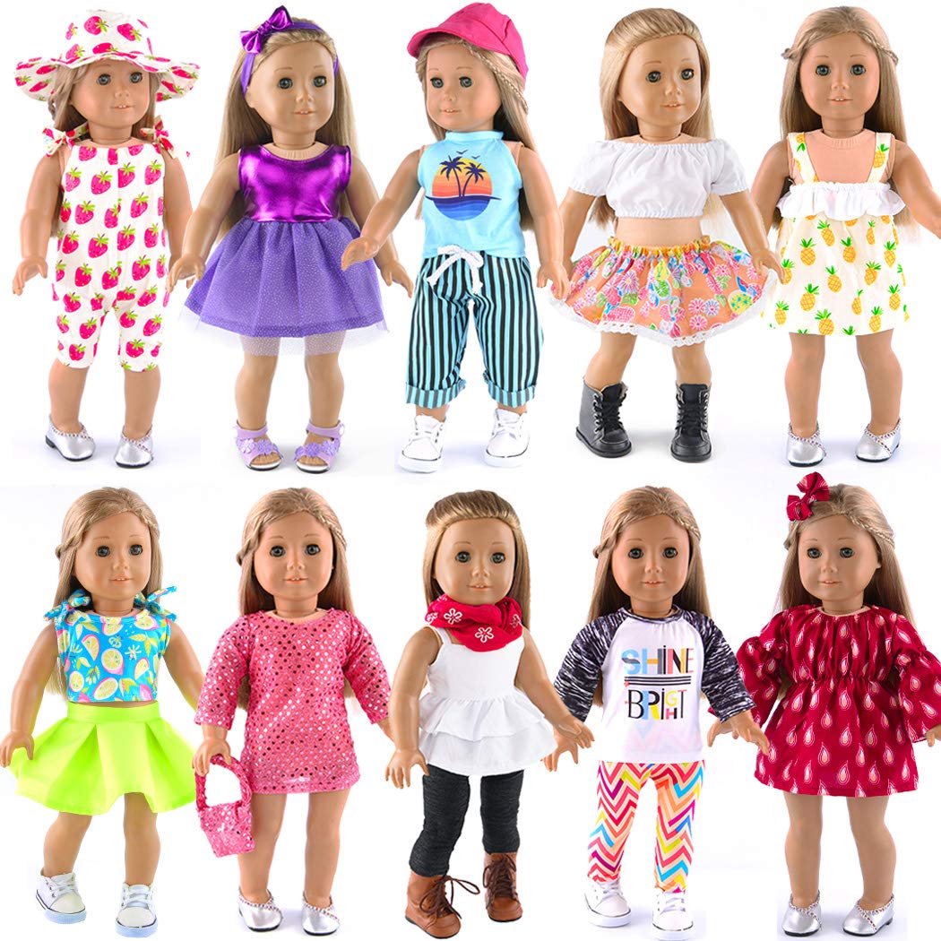 10-Sets Doll Clothes and Accessories for 18 inch American Girl Doll ,Our Generation Doll Include Dress Handbag Headband Hat and Rompers