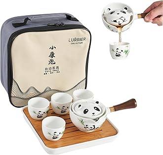 LURRIER Porcelain Chinese Gongfu Tea Set,Portable Teapot Set with 360 Rotation Tea maker and Infuser,Portable All in One Gift Bag for Travel,Home,Gifting,Outdoor and Office (Panda)